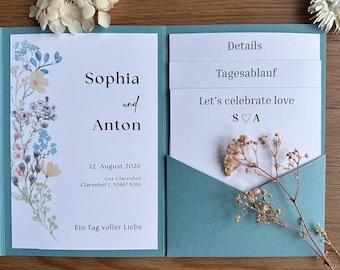 Floral Wedding Invitation - Digital Canvas Template - Pocketfold Set - Editable, Customizable and Printable - DIY Invitation