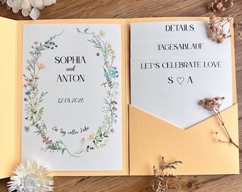 Floral wreath wedding invitation - Editable Canva template - Pocketfold set - Digital template - DIY boho floral invitation