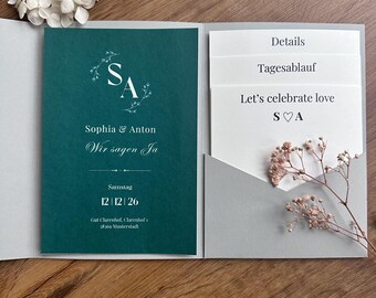 Wedding invitation template - elegant dark green - pocketfold set - editable Canva minimalist - printable wedding template - DIY - green