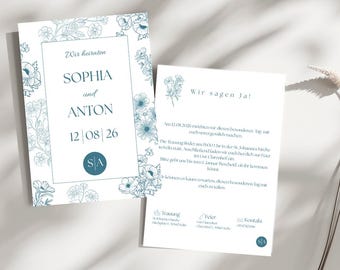 Wedding invitation template - botanical green - pocketfold set - editable Canva floral design - printable wedding DIY - floral