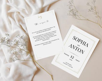 Wedding invitation beige greige elegant clean minimalist digital Canva print template editable straight lines DIY invitation pocketfold