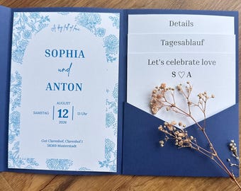 結婚式招待状デジタルテンプレート - 花柄ブルー - エレガントな招待状 - 印刷可能なテンプレート - DIY - ポケットフォールドセット - 編集可能なCanvaテンプレート