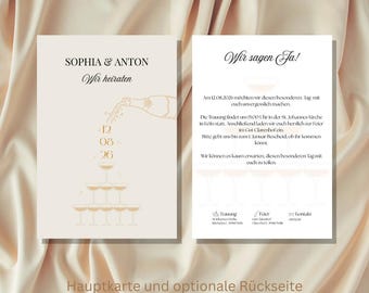 Wedding invitation pocketfold set, champagne, elegant, editable Canva template, printable digital DIY invitation, beige, minimalist