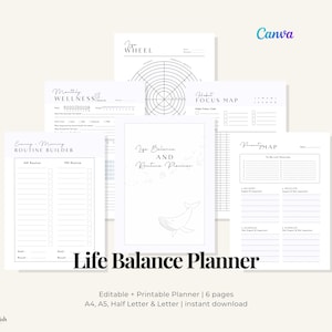 Peut inclure: Plusieurs pages de planificateur imprimables blanches avec du texte noir. Les pages incluent une couverture "Life Balance Planner", une page "Monthly Wellness", une "Habit Focus Map", un "Morning Routine Builder" et une "Priority Map". Le logo Canva est visible.