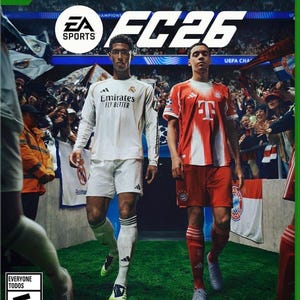 Op de afbeelding: Xbox Series X en Xbox One game case voor FC26. De cover toont twee voetballers in teamtenues, een in wit en de andere in rood. Het EA Sports-logo is zichtbaar, evenals de ESRB-classificatie.