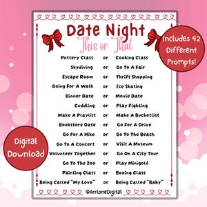 Può includere: Un gioco per appuntamenti notturni scaricabile digitalmente con un design rosa e bianco. Il gioco presenta un elenco di idee per appuntamenti notturni "Questo o quello", tra cui lezioni di ceramica, paracadutismo e andare a una fiera. Include 42 suggerimenti diversi.