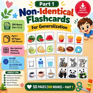 Op de afbeelding: Een digitale educatieve bron getiteld Part 1 Non-Identical Flashcards For Generalization, met 50 pagina's van 100 zelfstandige naamwoorden. De lay-out bevat rasters met illustraties van watermeloenen, frietjes, donuts, drankjes en beren voor educatie.