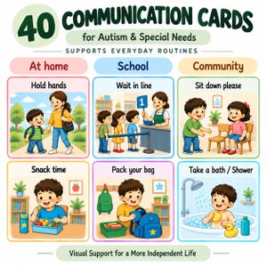 Puede incluir: Un conjunto de 40 tarjetas de comunicación para autismo y necesidades especiales, con escenas ilustradas de rutinas diarias. Las tarjetas muestran actividades como tomarse de la mano, esperar en fila, sentarse, merendar, empacar y bañarse.