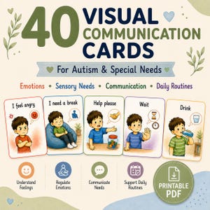 Può includere: Un set di 40 carte di comunicazione visiva per autismo e bisogni speciali, con illustrazioni di un bambino che esprime emozioni, bisogni sensoriali, comunicazione e routine quotidiane con testi come I feel angry.
