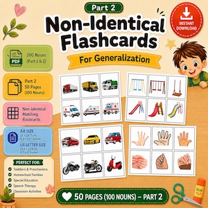 May include: A digital educational set titled Part 2 Non-Identical Flashcards For Generalization, featuring 50 pages with 100 nouns. The layout includes various vehicle, playground, and hand illustrations, alongside icons for PDF format, A4 and US Letter sizes.