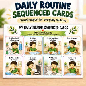 May include: A rectangular sign titled Daily Routine Sequenced Cards featuring eight illustrated steps for a mealtime routine. Each panel shows a child performing tasks like washing hands, eating, and clearing a plate with numbered text instructions.