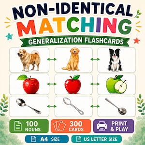 May include: Non-Identical Matching Generalization Flashcards set featuring 100 nouns and 300 cards. The design includes illustrations of dogs, apples, and spoons with green arrows. Text includes Print & Play, A4 size, and US Letter size labels.