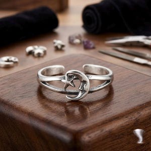 Sterling Silver 925 Moon And Star Adjustable Toe Ring