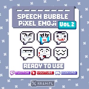 May include: A digital graphic set titled Speech Bubble Pixel Emoji Vol. 2 featuring six distinct pixelated facial expressions within speech bubbles. The text includes Ready To Use, Twitch, YouTube, and Discord labels with a small KR1NJL logo at the bottom.