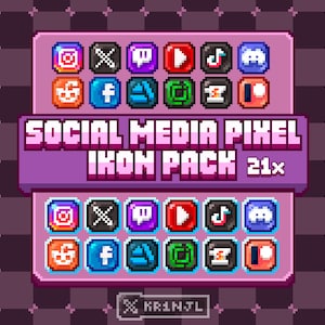 Puede incluir: Paquete de iconos de redes sociales pixelados, que incluye Instagram, Twitter, Twitch, YouTube, TikTok y Discord. Los iconos están dispuestos en una cuadrícula, con una pancarta morada que dice "SOCIAL MEDIA PIXEL IKON PACK 21x". El fondo es un patrón de cuadros.