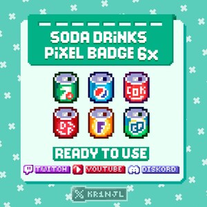 6 badge pixel art per sub/bit di bevande gassate per risorse di streaming Twitch/Discord/YouTube a 8 bit