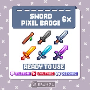 May include: A collection of six pixel art sword badges in various colors, including brown, gray, silver, gold, blue, and purple. The badges are labeled "Sword Pixel Badge" and "Ready to Use."