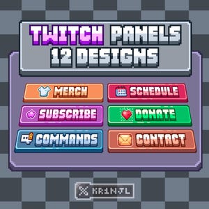 Könnte beinhalten: Pixelige Twitch-Panels mit 12 Designs. Die Panels umfassen Optionen für Merch, Schedule, Subscribe, Donate, Commands und Contact. Das Design zeigt ein lila-graues Farbschema mit einem karierten Hintergrund.