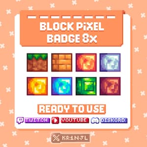 Könnte beinhalten: Digitalgrafik mit acht pixeligen Block-Badges in verschiedenen Farben und Texturen, darunter Erde, Ziegel und Leuchteffekte. Der Text "BLOCK PIXEL BADGE 8x" wird oben angezeigt, mit "READY TO USE" und Social-Media-Symbolen darunter.
