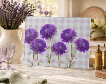 Lila Aster Blumen Glas Schneidebrett | Florales Karo Muster