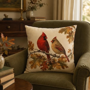 Capa de almofada com cardeais de outono, almofada com casal de cardeais, decoração de pássaros de outono, almofada com folha de carvalho e bolota, decoração de outono para casa de campo, almofada decorativa com tema de floresta