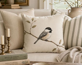 Minimalist Chickadee Pillow Cover | Vintage Bird Throw Pillow | Neutral Cottagecore Decor | English Country Farmhouse Accent Cushion