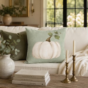 White Heirloom Pumpkin Pillow Cover, Sage Green Fall Throw Pillow, Cottage Autumn Decor, Neutral Farmhouse Cushion Cover