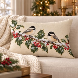 May include: A rectangular throw pillow with a cream-colored background featuring a printed illustration of two black-capped chickadees perched on a snow-dusted holly branch with bright red berries and dark green leaves across the center.