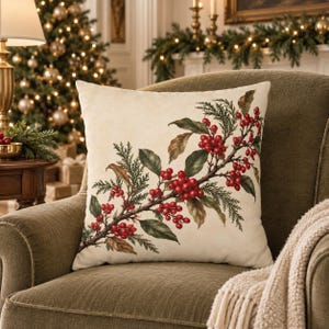 Christmas Winterberry Pillow Cover, Red Berry Botanical Pillow, Traditional Holiday Throw Pillow, Winter Evergreen Decor