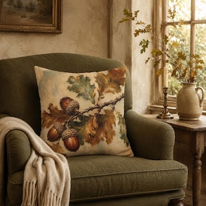 Acorn Pillow Cover, Fall Oak Leaf Pillow, Vintage Botanical Pillow, English Country Decor, Autumn Throw Pillow, Cottage Fall Decor