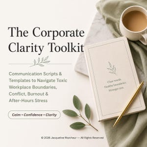 May include: The Corporate Clarity Toolkit is a beige notebook featuring a gold pen, a coffee mug, and green leaves. The cover text reads: Clear words. Healthy boundaries. Stronger you. The page includes communication scripts and templates.