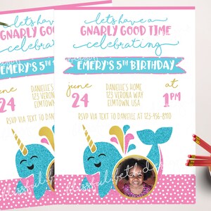 NARWHAL BIRTHDAY INVITATION, Printable Narwhal Invitation, Girly ...