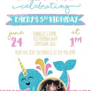 NARWHAL BIRTHDAY INVITATION, Printable Narwhal Invitation, Girly ...