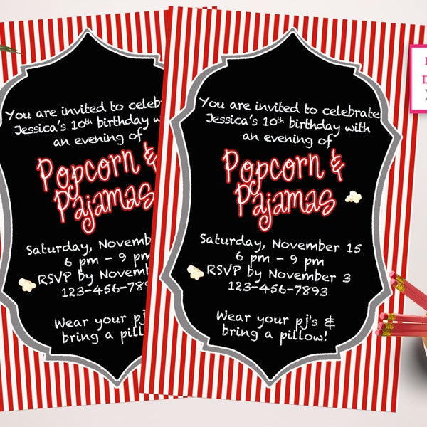 POPCORN PAJAMA INVITATION Popcorn and Pajamas, Sleep Over Invite, Movie Party, Printable Popcorn and Pajamas