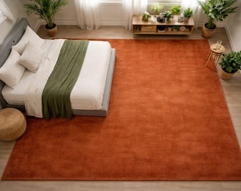 Handmade Terracotta Wool Rug 9x12 | Burnt Orange Boho Area Rug