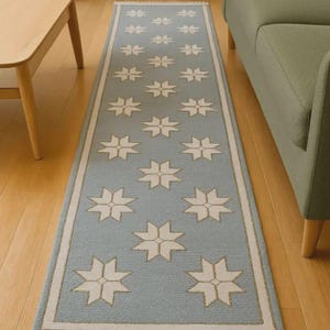 Op de afbeelding: Een rechthoekige, lichtblauwe loper met een herhalend sterrenpatroon in wit en beige. De loper heeft een witte rand en ligt op een houten vloer. Een decoratief woonaccessoire.