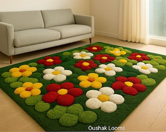 Hand Tufted Moss Rug, Sculpted Organic Stone Path Luxury Green Red Flwer Area Carpet