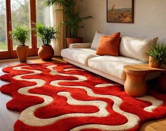 Handmade Rug Wavy Woolen Design, Modern Abstract Earth Tones Luxury Carpet, Unique Irregular Rug For Living Room Home Decor