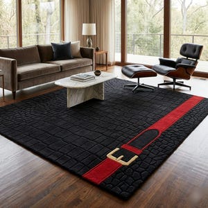 Tapis en laine touffeté main, texture croco noire avec ceinture, tapis avant-gardiste pour le salon, grand tapis de luxe moderne sur mesure du milieu du siècle image 5