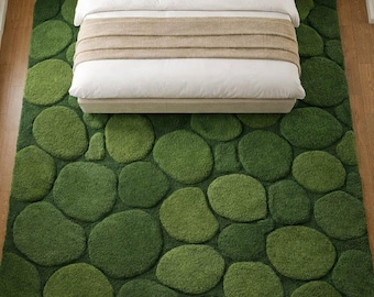 Moss Green Stone Design Rug | Handmade Wool 3D Pebble Textured Area Rug for Living Room Bedroom | Nature-Inspired Biophilic High Pile Carpet