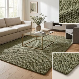 May include: A rectangular area rug featuring a textured, sage green surface composed of numerous small, rounded, pebble-like tufts. The rug has a dense, uniform pile and a consistent olive-toned color throughout its entire surface area.
