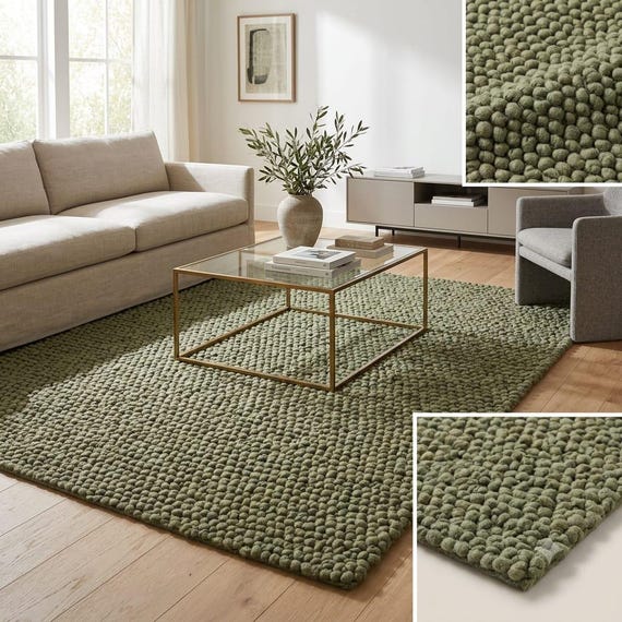 Handwoven Chunky Wool Rug, Sage Green Scandinavian Decor Layered Handmade Aesthetic Floor Carpet for Living Room 5x8 6x9 7x9 8x10 Rugs