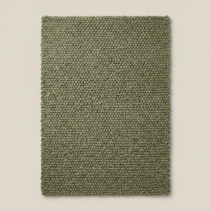 May include: A rectangular area rug in a solid olive green color. The surface of the rug features a dense, uniform texture composed of small, rounded, pebble-like tufts arranged in a consistent grid pattern across the entire rectangular piece.
