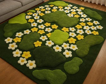 Handmade Tufted Flower Rug, Green Moss & Yellow Floral Carpet