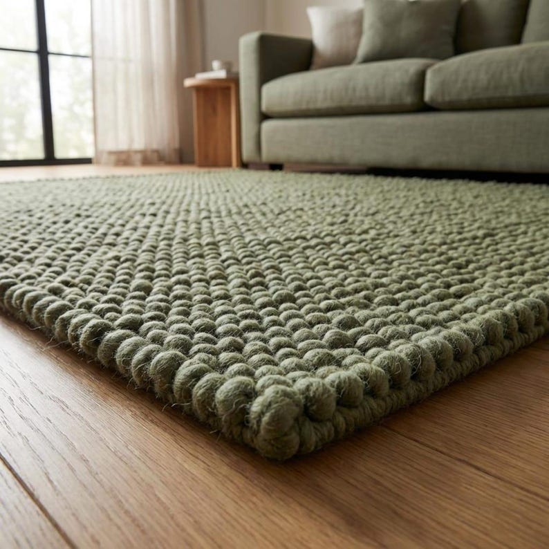 May include: A sage green area rug featuring a thick, chunky, hand-knotted texture with a repeating pattern of raised, rounded wool-like spheres. The rug has a dense, high-pile construction that creates a tactile, bumpy surface across the entire piece.