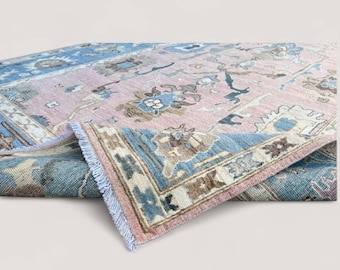 Tapis Oushak fait main | Carpette à fleurs en laine turque rose pastel