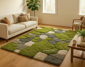 Handmade Wool Moss Rug, 3D Textured Botanical Nursery Decor, Nature Inspired Landscape Carpet, Green Mossy Garden Rug for Kids Room
