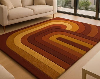 Handgefertigter Wollteppich, Abstraktes Geometrisches Gebranntes Orange, Rechteckiger Moderner Teppich, Senfgelbe Terrakotta Wohnzimmer und Schlafzimmer Dekor