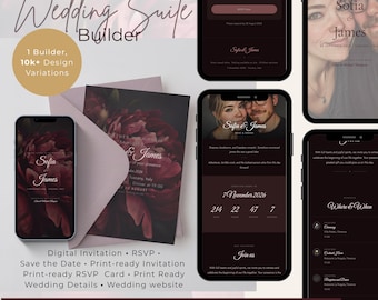 Bruiloftsuitnodiging Suite Builder: digitale en afdrukbare uitnodiging + RSVP-kaart + trouwdetails + Save the Date