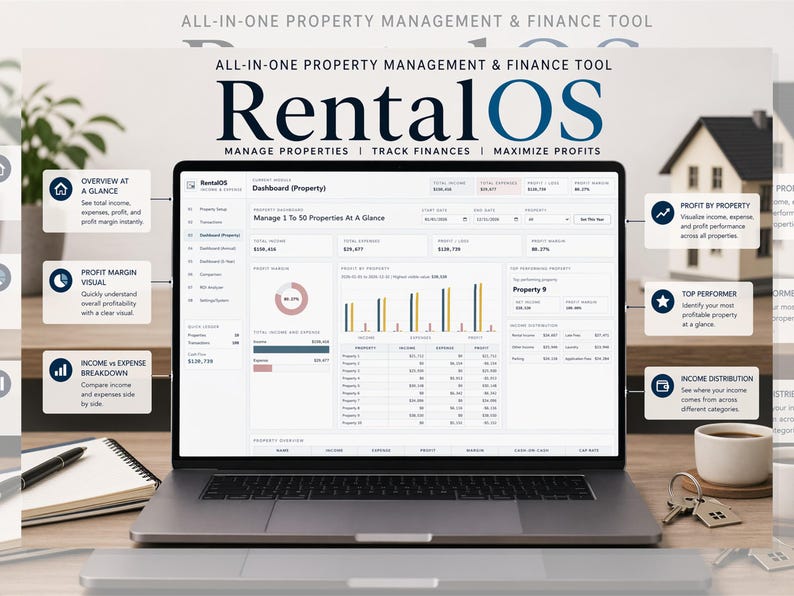 Rental Property Tracker for Landlords | Income Expense Spreadsheet-Style Dashboard, Multi Property Bookkeeping, ROI Calculator